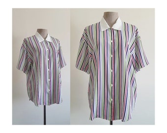 Rainbow Striped Blouse Vintage Short Sleeve Blouse Womens Button Up Shirt Collared Blouse Polyester Blouse Oversized Blouse Large