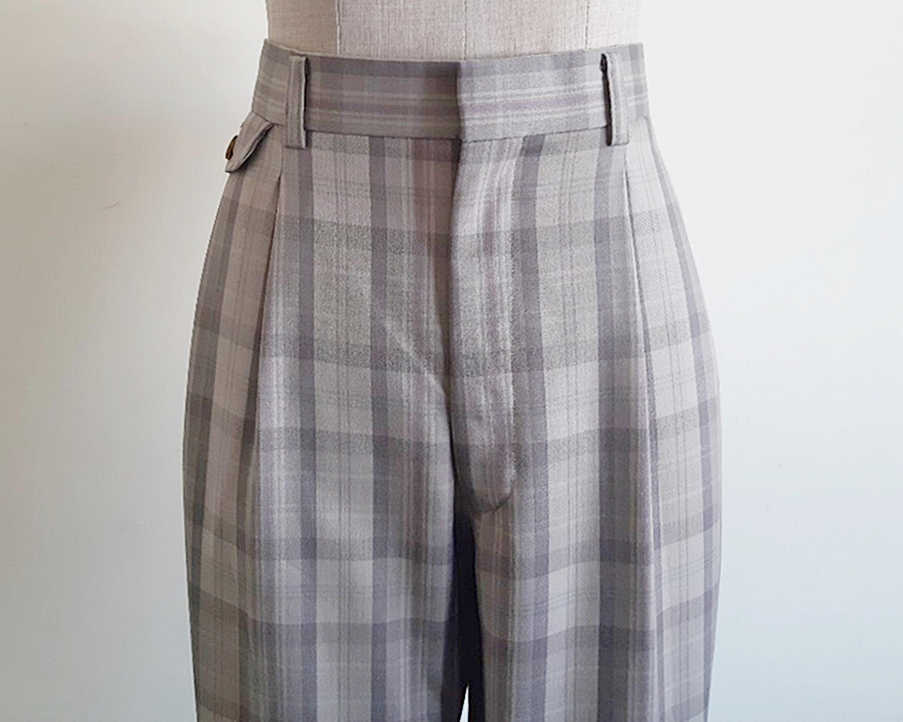 Brown Gray Plaid Pants Vintage Tartan Pleated Pants Mens High