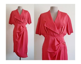 80s Pink Sheath Dress Vintage Draped Dress Womens Short Sleeve Dress Big Collar Dress Polyester Dress Knee Length Dress Office Dress Small