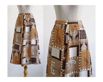 Animal Print Skirt Vintage Brown Midi Skirt Womens A Line Skirt Flare Skirt Chiffon Skirt Elastic Waist Skirt High Waisted Skirt XS Small