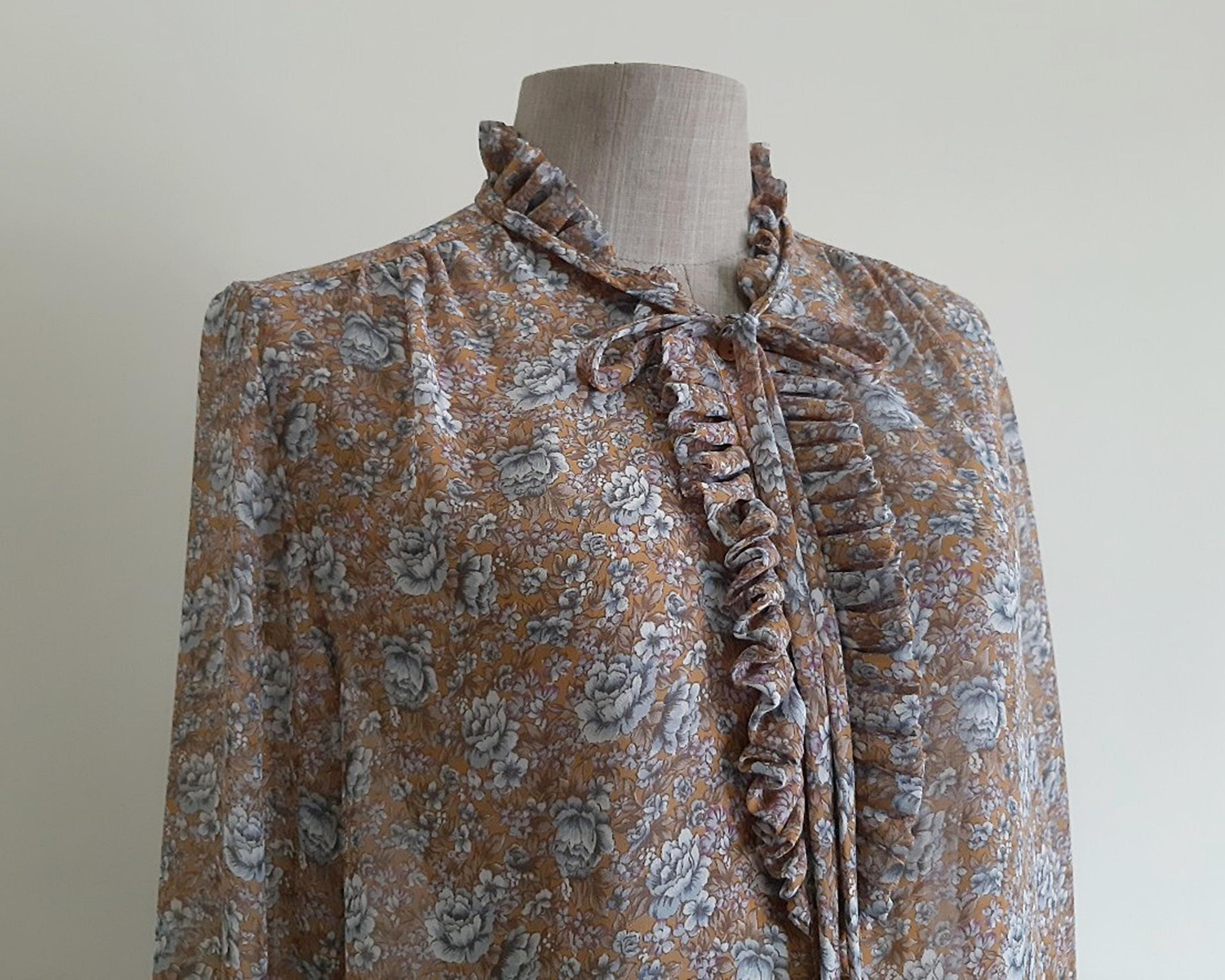 Vintage 80s Brown Floral Ruffle Blouse Sheer Chiffon Top Bow Tie Long ...