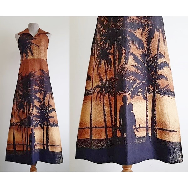 70s Black Brown Hawaiian Dress Vintage Cotton Maxi Dress Womens Novelty Print Dress Sleeveless Dress Collared Dress A Line Dress XS