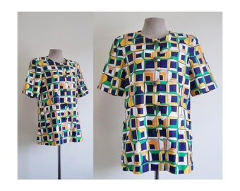 Geometric Print Blouse Vintage Colorful Blouse Womens Color Block Top Short Sleeve Blouse Button Up Blouse Crew Neck Blouse Small