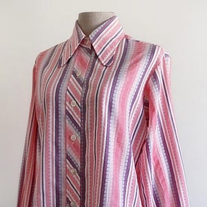 Medium Vintage Purple Pink Striped Shirt Womens Cotton Blouse Long Sleeve Shirt Button Up Shirt Collared Shirt Casual Shirt Retro Shirt Top