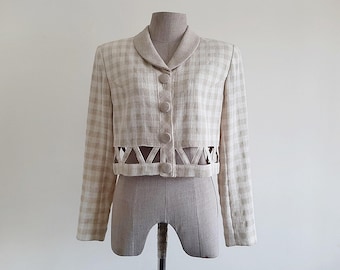 Chaqueta corta vintage a cuadros beige crema pequeña / Blazer a cuadros para mujer, poliéster con hombreras, botones y cuello, estilo retro, informal, para verano y primavera, talla S