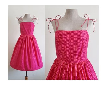 Pink Polka Dot Dress Womens Spaghetti Strap Dress Cotton Dress Strappy Dress Knee Length Dress Rockabilly Dress Summer Dress Sundress Small