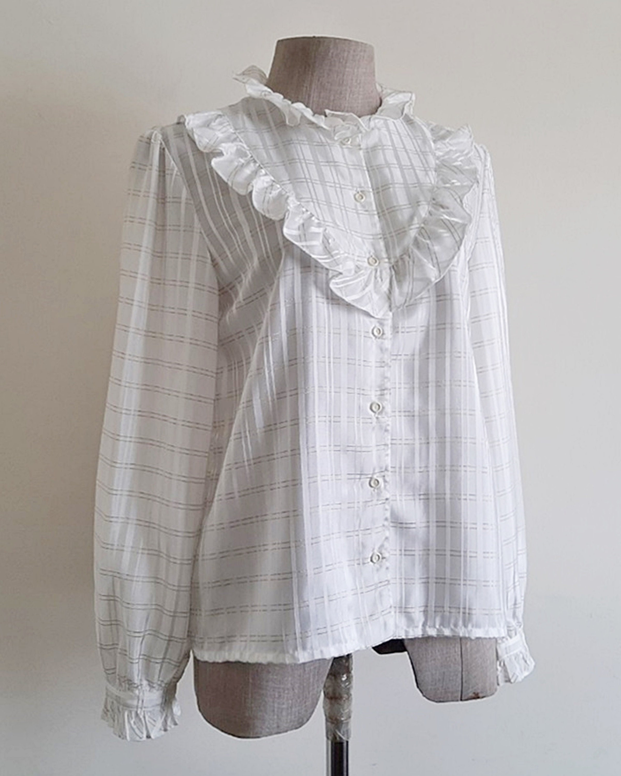 80s Vintage White Ruffle Blouse Metallic Striped Top Long Sleeve