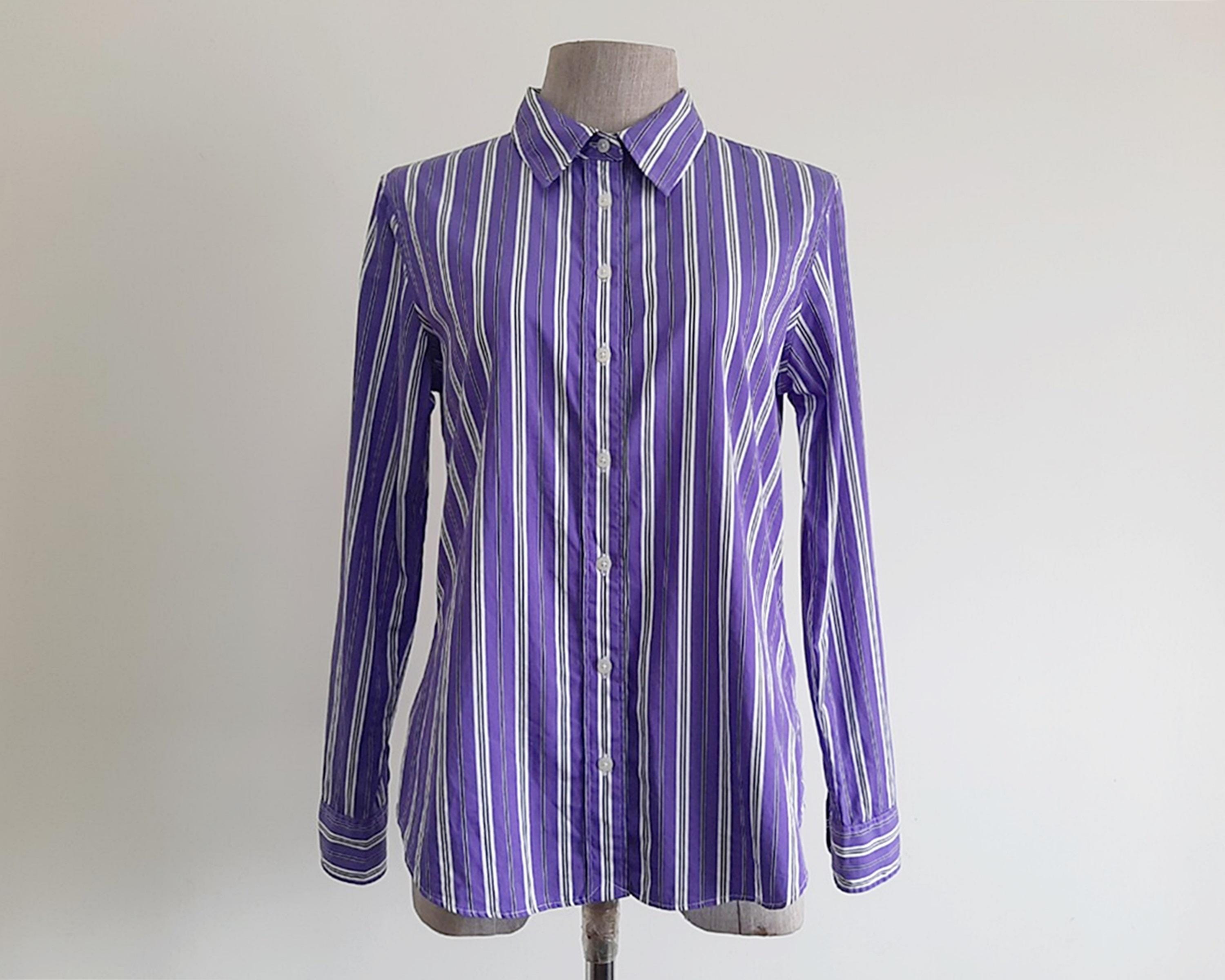 RALPH LAUREN White Purple Striped Shirt Vintage Cotton Shirt Womens Long Sleeve Blouse Button Up Shirt Collared Shirt Casual Summer Shirt XS