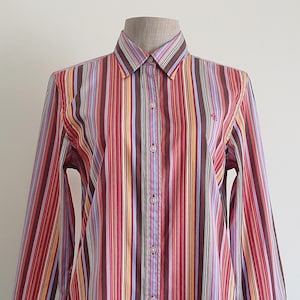 Camisa listrada vintage Ralph Lauren com arco-íris, pequena | Blusa feminina de algodão, manga 3/4, blusa com botões, gola alta, verão, retrô, casual, escritório, trabalho, P