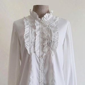XS Vintage White Ruffle Blouse Womens Embroidered Shirt Long Sleeve Blouse Button Up Blouse Polyester Blouse Victorian Blouse Romantic Top