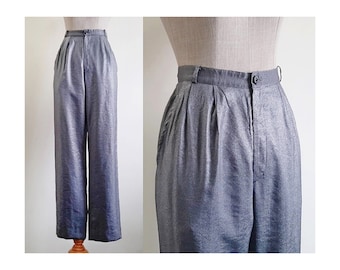 Gray Metallic Pants Vintage High Waisted Pants Womens Pleated Trousers High Rise Pants Rayon Pants Sparkle Pants Party Pants Small 27" Waist