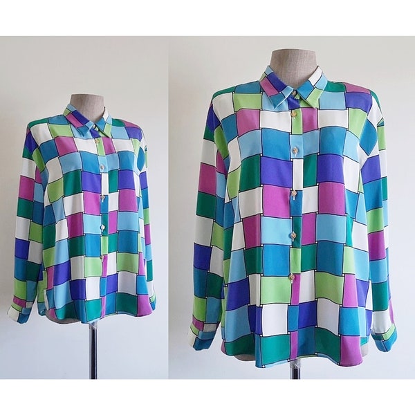 Color Block Blouse Vintage Colorful Blouse Womens Long Sleeve Shirt Button Up Blouse Collared Blouse Polyester Blouse Japanese Blouse Large