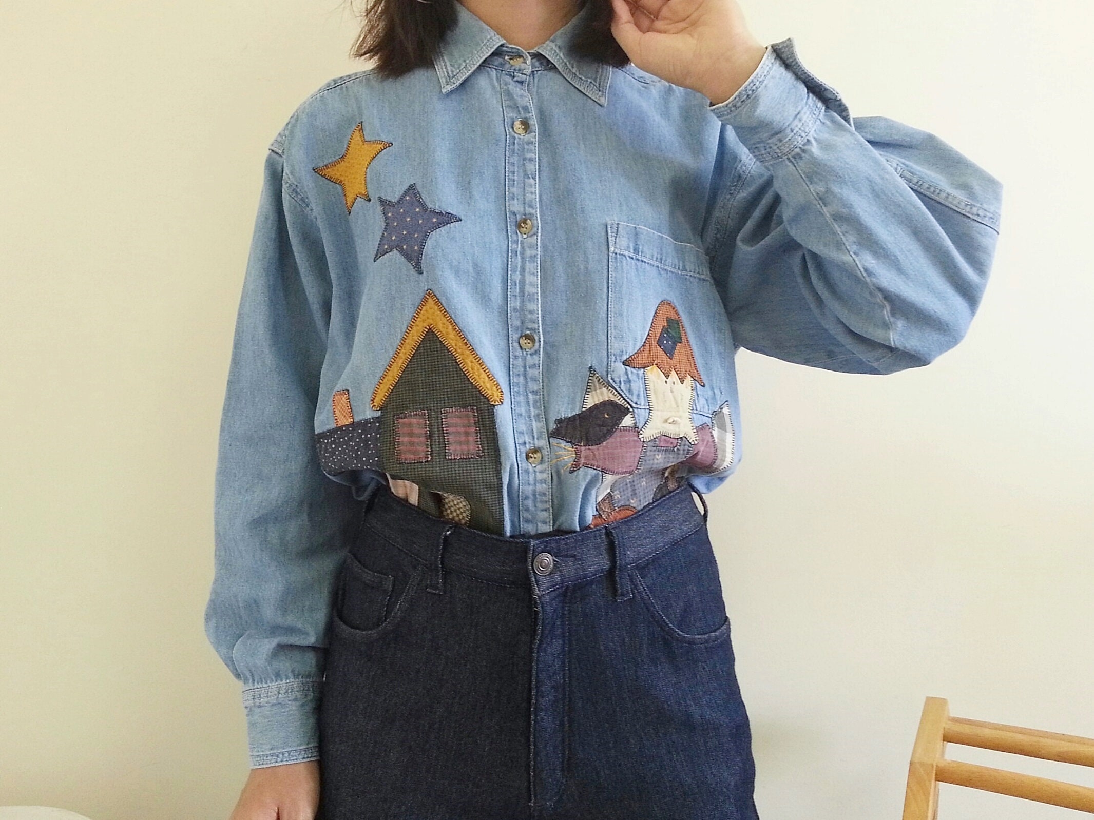 Vintage Blue Embroidered Shirt Womens 