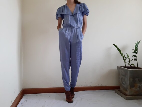 Vintage Blue Jumpsuit Women Wrap Jumpsuit Ruffle J