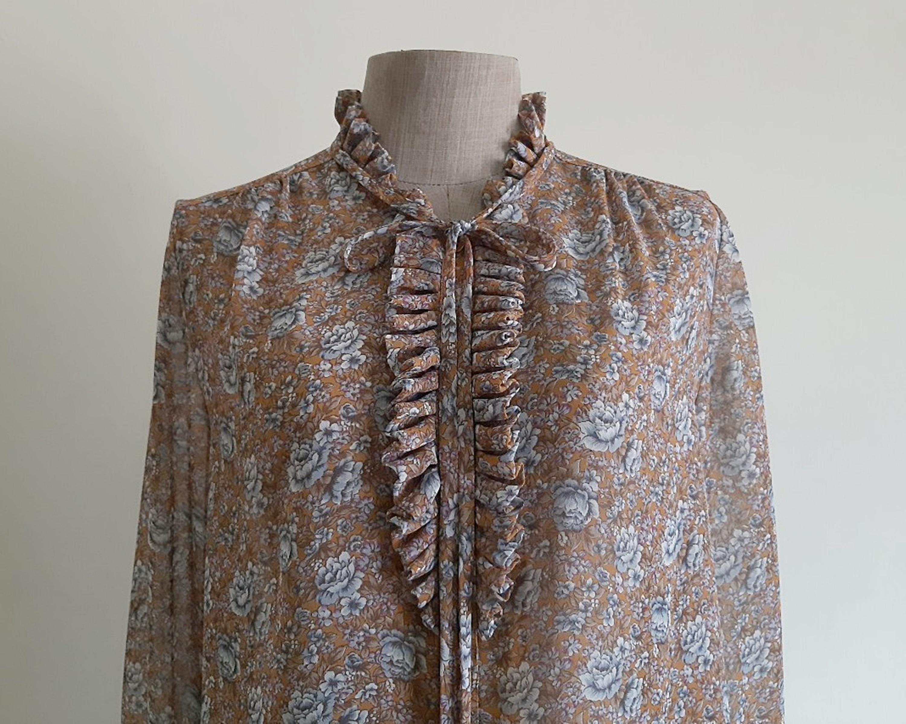 Vintage 80s Brown Floral Ruffle Blouse Sheer Chiffon Top Bow Tie Long ...
