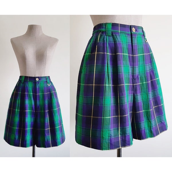 Green Purple Plaid Shorts Vintage Tartan Shorts Womens High Waisted Shorts Wide Leg Shorts Cotton Shorts High Rise Shorts XS Small