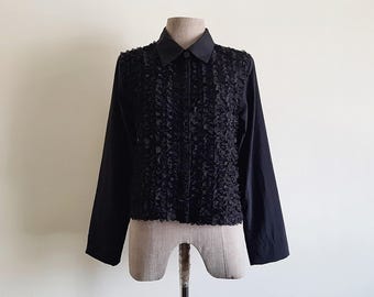 Vintage Black Ruffle Blouse Long Sleeve Top Hidden Button Front Collared Polyester Gothic XS