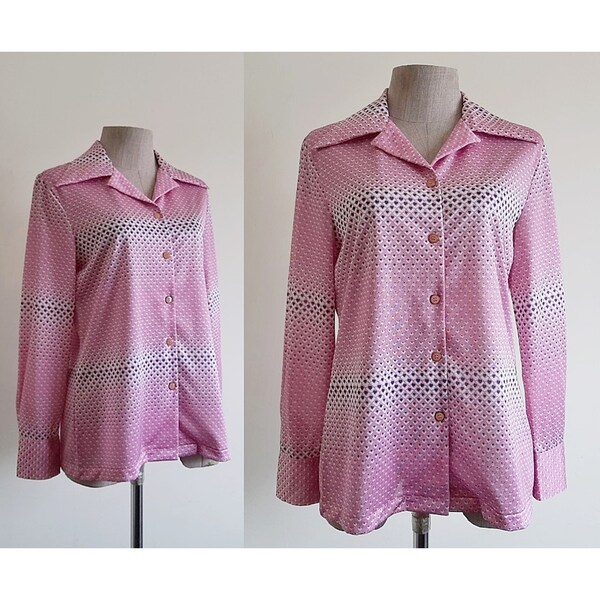 Pink Heart Print Blouse Vintage Long Sleeve Blouse Womens Button Up Shirt Collared Blouse Polyester Blouse Disco Blouse Retro Blouse Small