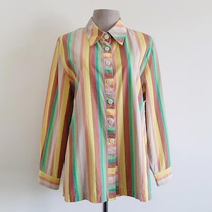 XL Vintage Green Yellow Striped Shirt Womens Rainbow Cotton Blouse Long Sleeve Shirt Button Up Shirt Collared Shirt Casual Shirt Hippie Top