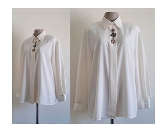 Cream Embroidered Blouse Vintage Long Sleeve Blouse Womens Button Front Shirt Collared Blouse Polyester Blouse Secretary Blouse Large