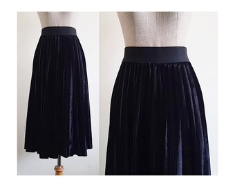 Black Velvet Skirt Vintage Pleated Midi Skirt Womens Accordion Skirt Elastic Waist Skirt Pull On Skirt Cocktail Skirt XS Small Medium