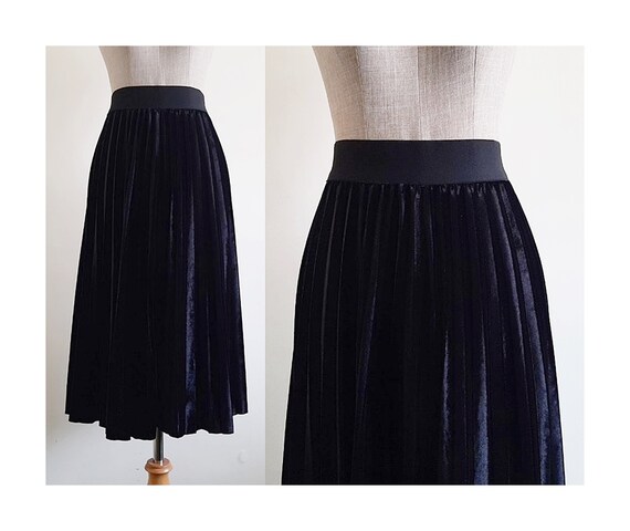 Black Velvet Skirt Vintage Pleated Midi Skirt Womens Accordion
