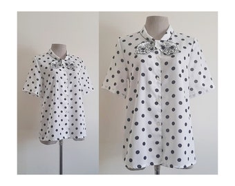 White Black Polka Dot Blouse Vintage Ascot Tie Collar Blouse Womens Short Sleeve Top Button Up Blouse Summer Blouse Retro Blouse Small