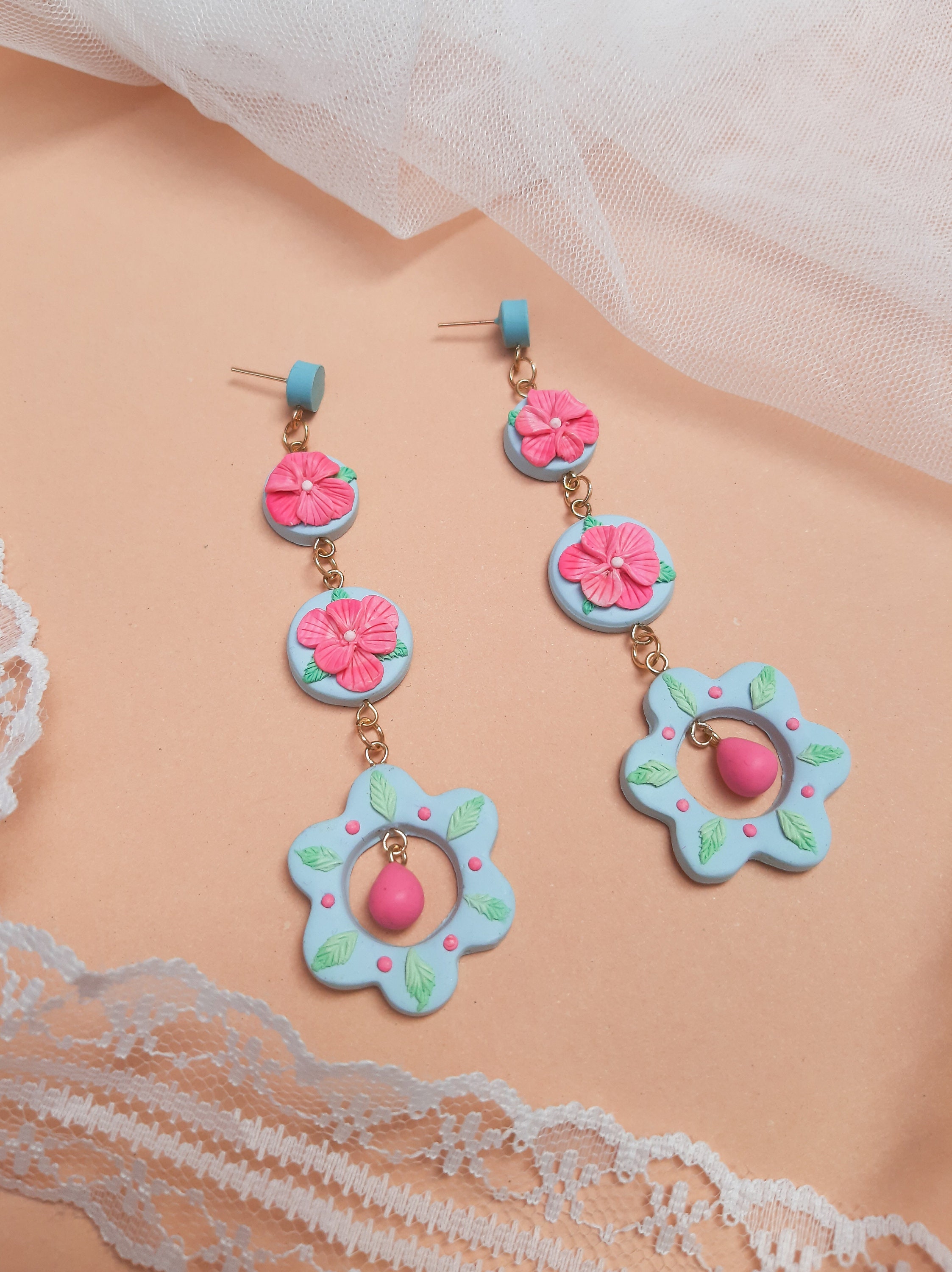 Pink Flower Polymer Clay Earrings Floral Earrings Handmade Etsy