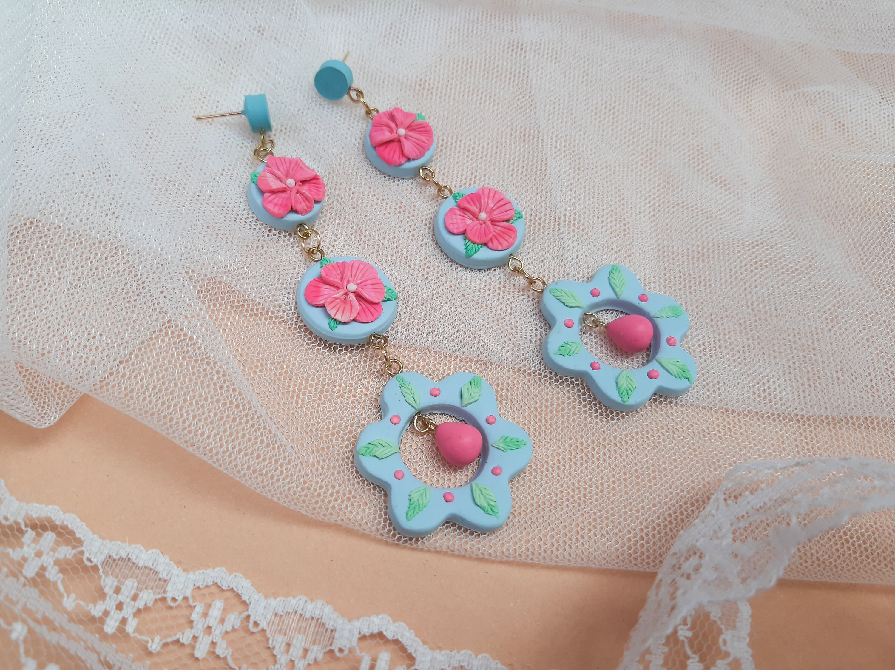 Pink Flower Polymer Clay Earrings Floral Earrings Handmade Etsy