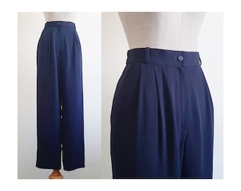 Navy Blue Pants Vintage High Waisted Pants Womens High Rise Trousers Elastic Waist Pants Polyester Pants Summer Pants Casual Pants XS Small