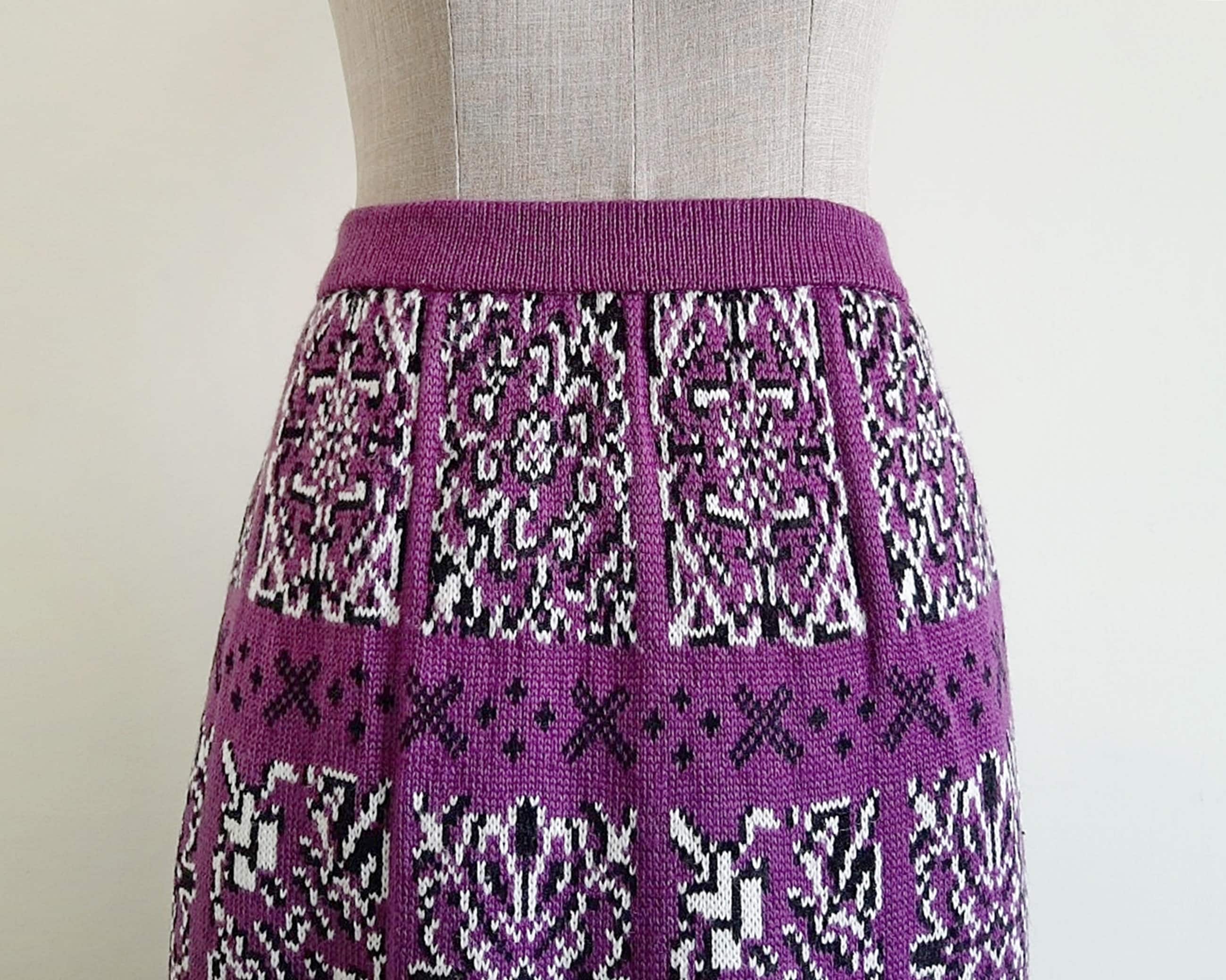 Purple Abstract Skirt Vintage Knit Midi Skirt Womens Elastic Waist Skirt Pull On Skirt Straight Skirt Fall Skirt Winter Skirt XXS XS Small S