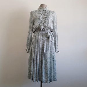 Vintage 80s Metallic Floral Shirt Dress Green Chiffon Ruffle Long Sleeve Collared Midi Small