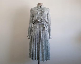 Vintage 80s Metallic Floral Shirt Dress Green Chiffon Ruffle Long Sleeve Collared Midi Small