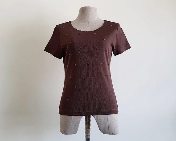 Buy COURREGES Brown Knit Top Vintage Beaded Embroidered Top Womens 