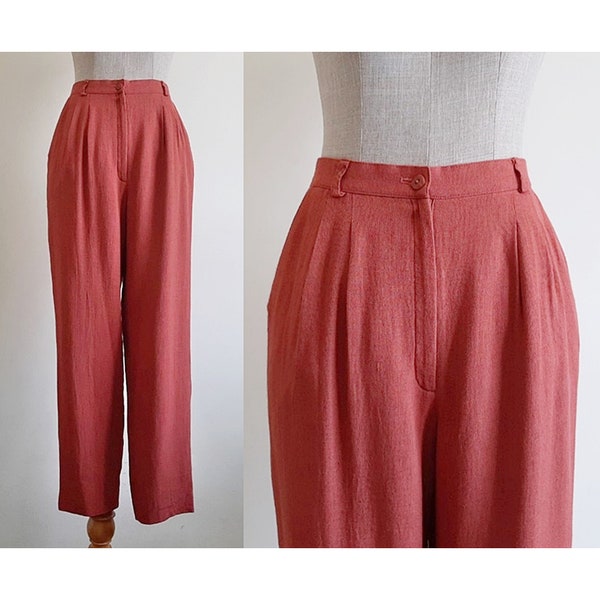 Burnt Orange Rayon Pants Vintage High Waisted Pants Womens Tapered Trousers High Rise Pants Elastic Waist Pants Summer Pants XS Small