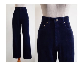 Navy Blue Corduroy Pants Vintage High Waisted Pants Womens Straight Leg Trousers High Rise Pants Cotton Pants Retro Pants Small 26" Waist