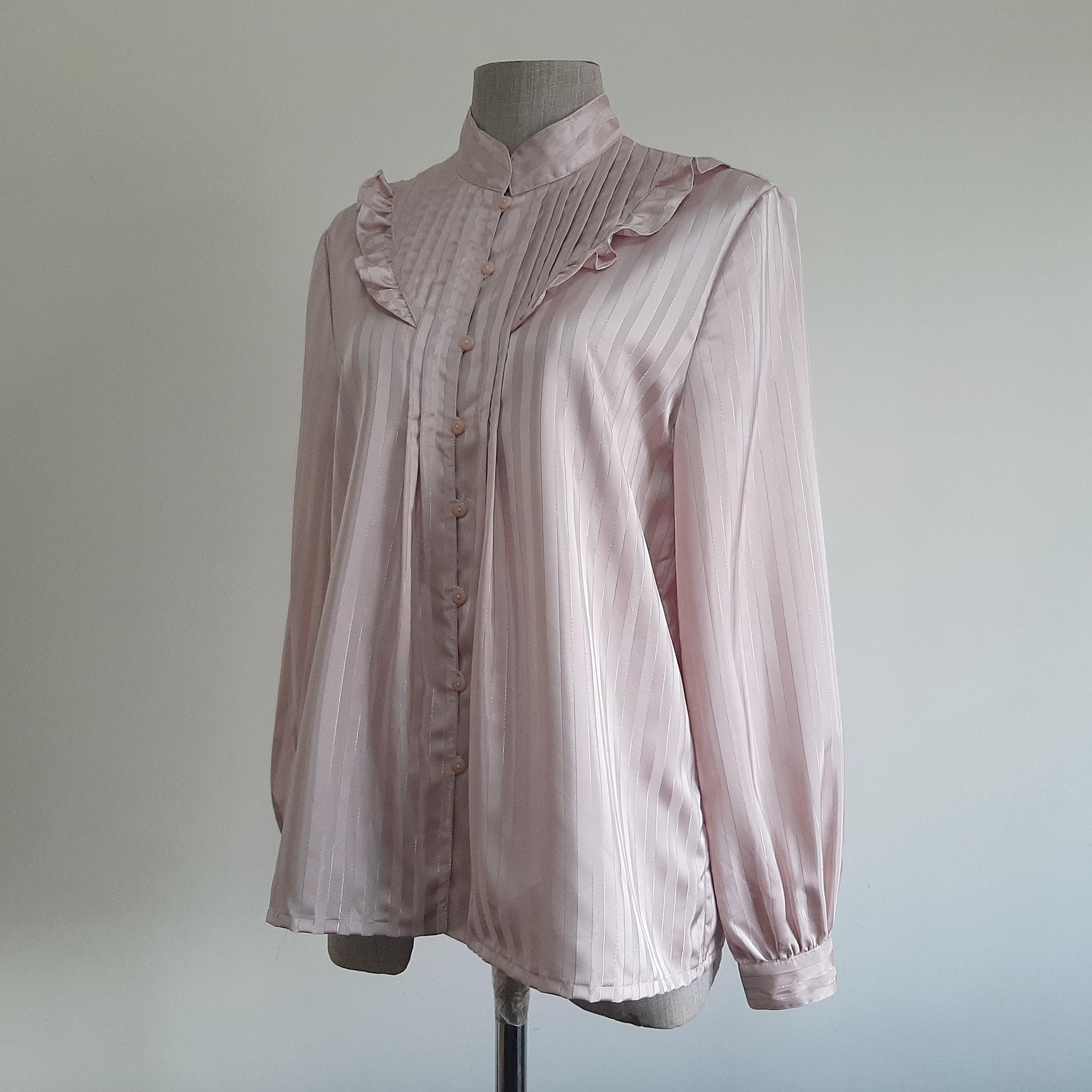 Vintage 80s Pink Gold Ruffle Blouse Metallic Striped Long Sleeve ...