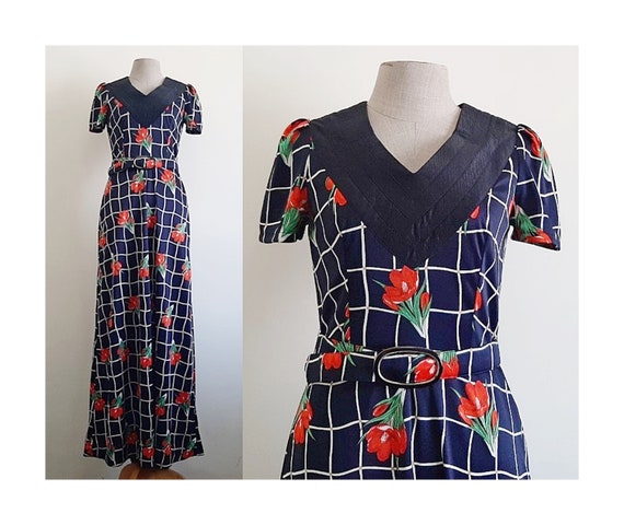 70s Floral Maxi Dress Vintage Navy Blue Dress Wom… - image 1