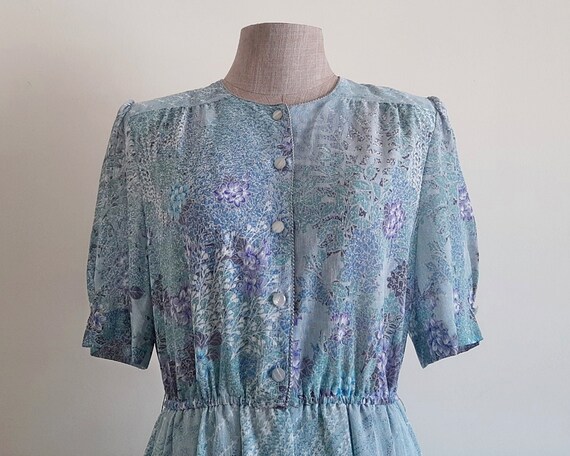 80s Green Blue Floral Dress Vintage Short Sleeve … - image 3