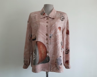 Vintage 80s Novelty Print Shirt Brown Blouse Long Sleeve Button Up Collared Polyester Large