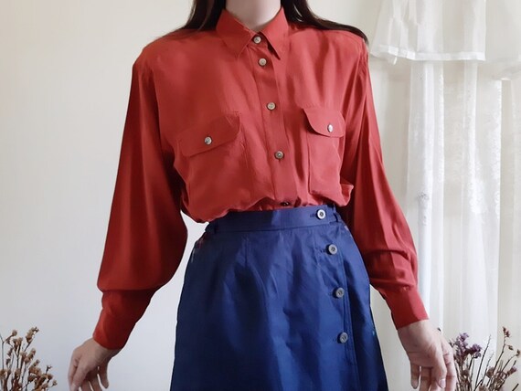 Vintage Red Silk Shirt Womens Collared Shirt Button Up Shirt Minimalist Shirt Shoulder Pad Shirt Classic Blouse Long Sleeve Top Large L XL