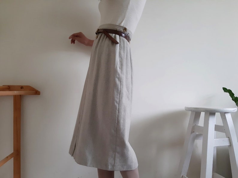 PARIS Vintage Beige Wool Skirt Womens Midi Skirt High Waisted Skirt Fall Skirt Winter Skirt Formal Skirt Medium 28 Waist M ELEGANCE S.A