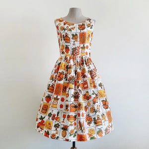 Vestido pequeño blanco naranja floral con frutas para mujer, vestido con estampado novedoso, vestido de algodón sin mangas, vestido hasta la rodilla, vestido pin up, lindo vestido de verano S