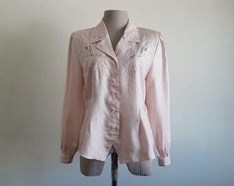 Vintage 80s Light Pink Embroidered Blouse Cutwork Lace Long Puff Sleeve Shirt Romantic Small