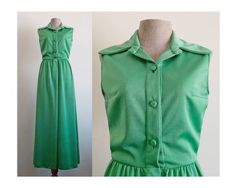 70s Green Maxi Dress Vintage Prom Dress Womens Party Dress Shirt Dress Sleeveless Dress Button Up Dress Collared Dress Polyester Dress XS