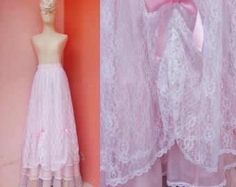 Pink White Lace Maxi Skirt Small | Vintage Long Skirt Women | High Waisted Skirt | Womens Ruffle Skirts | Organza Lace Skirt Maxi | 26 Waist