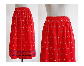 Red Midi Skirt Vintage Baroque Print Skirt Womens Chiffon Skirt Gathered Skirt Below The Knee Skirt High Waisted Skirt XS 25" Waist