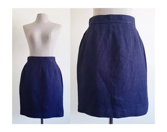 Navy Blue Mini Skirt Vintage Cotton Linen Skirt Womens Short Skirt High Waisted Skirt Above The Knee Skirt Summer Skirt Small 27" Waist