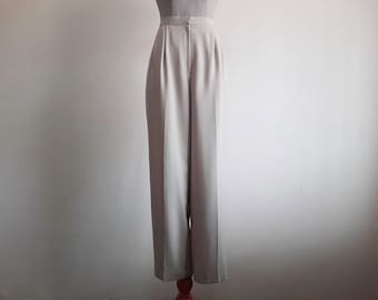 Vintage Beige Pleated Tapered Pants Womens High Waisted Elastic Waist Polyester Trousers 27" 28"