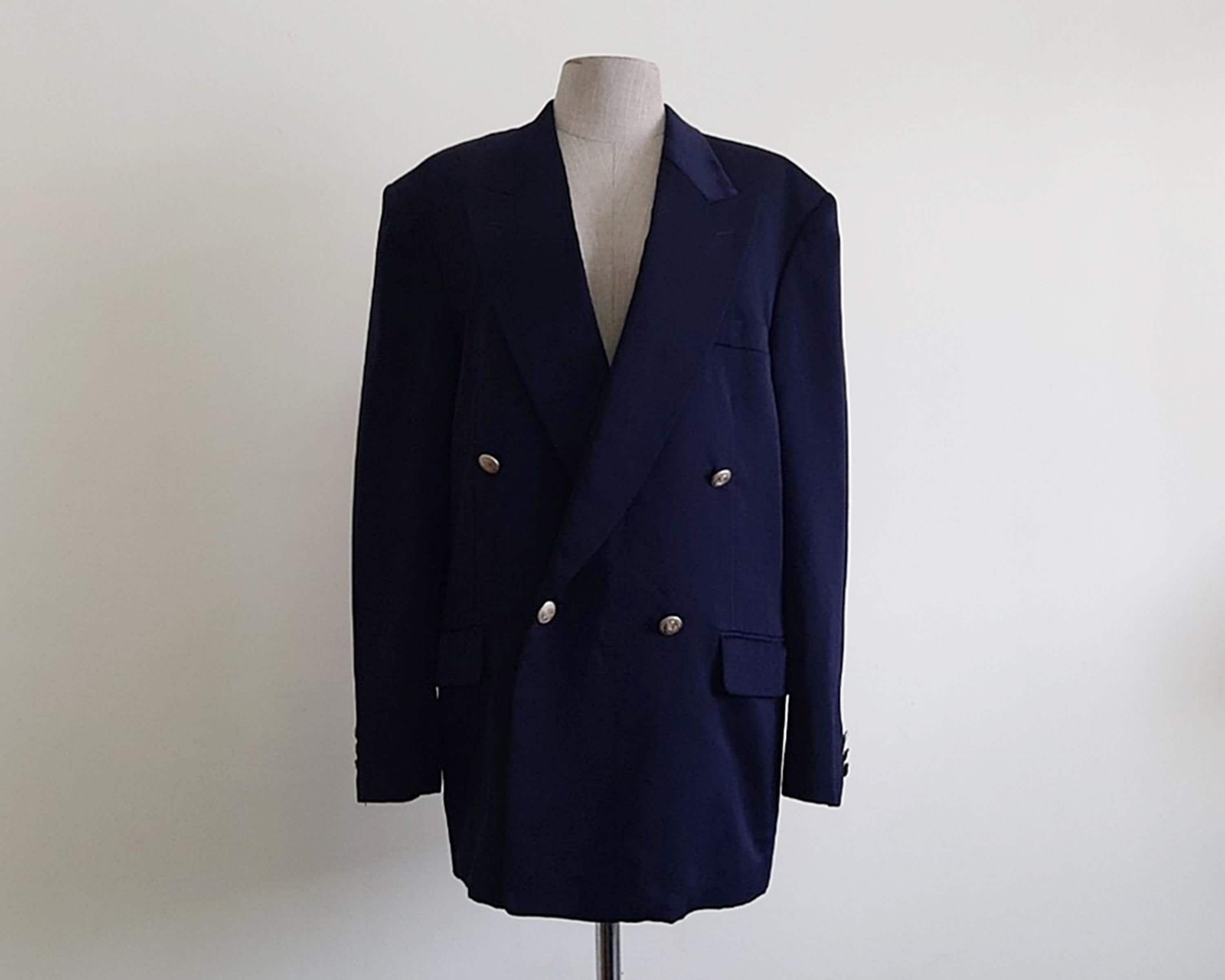Vintage Christian Aujard 100% Wool Navy Blue Blazer Double Breasted Suit Jacket Oversized XL